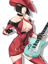 Rule 34 | 1girl, absurdres, bare shoulders, black nails, blue eyes, bob cut, breasts, cleavage, electric guitar, fingerless gloves, glasses, gloves, guilty gear, guitar, hat, highres, i-no, instrument, looking at viewer, medium breasts, mole, mole above mouth, mole under eye, nail polish, shadow, sideboob, simple background, skullworms, solo, white background, witch hat