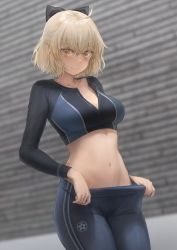 Rule 34 | 1girl, absurdres, adjusting clothes, ahoge, blonde hair, blush, bow, breasts, collarbone, commentary request, cowboy shot, cropped shirt, fate/grand order, fate (series), free style (yohan1754), groin, hair between eyes, hair bow, hair ornament, highres, long sleeves, looking at viewer, medium breasts, midriff, navel, okita souji (fate), okita souji (koha-ace), pants, short hair, sidelocks, smile, solo, sportswear, standing, stomach, toned, yellow eyes
