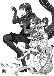 Rule 34 | 10s, 4girls, african wild dog (kemono friends), animal ears, bad id, bad pixiv id, bear ears, bear girl, bear tail, bike shorts, bodystocking, boots, bow, bowtie, brown bear (kemono friends), check translation, circlet, clenched hands, clenched teeth, crossover, dog ears, dog tail, extra ears, frills, full body, godzilla, godzilla (series), godzilla (shin), golden snub-nosed monkey (kemono friends), greyscale, hair ornament, hairband, hands up, highres, kemono friends, kishida shiki, knee up, layered sleeves, leotard, long hair, long sleeves, medium hair, monkey tail, monochrome, multiple girls, open mouth, outstretched leg, parody, ponytail, sharp teeth, shin godzilla, shirt, short hair, short over long sleeves, short sleeves, shorts, shorts under skirt, sidelocks, skirt, standing, sweater, tail, teeth, thighhighs, translation request, v-shaped eyebrows, yotsubato!, yotsubato! pose