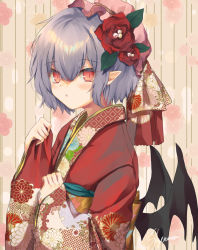 Rule 34 | 1girl, :/, alternate costume, bat wings, blush, commentary request, floral print, flower, hair between eyes, hair flower, hair ornament, hat, japanese clothes, kimono, looking at viewer, mob cap, obi, parted lips, pink eyes, pink hat, pointy ears, purple hair, red kimono, remilia scarlet, rose, sash, shiromoru (yozakura rety), short hair, signature, slit pupils, solo, touhou, upper body, wide sleeves, wings