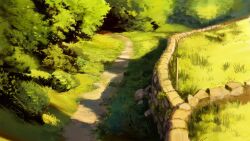 Rule 34 | absurdres, aerial (aerial 30), bush, fence, grass, grasslands, highres, no humans, original, painting (medium), path, road, scenery, shadow, stone fence, sunset, traditional media, tree, wooden post