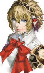 Rule 34 | 1girl, absurdres, aegis (persona), android, blazpu, blonde hair, blue eyes, closed mouth, commentary, headphones, highres, joints, lips, looking at viewer, persona, persona 3, ribbon, robot joints, short hair, simple background, smile, solo, upper body, white background