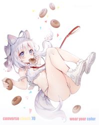 Rule 34 | 1girl, absurdres, ahoge, amafuyu, animal ear fluff, animal ears, blue eyes, blush, bow, bra, breasts, cat cutout, cleavage cutout, clothing cutout, commentary request, converse, doughnut, english text, food, food in mouth, frilled bra, frills, full body, hair between eyes, hair bow, hair ornament, highres, holding, holding food, large buttons, leash, long hair, looking at viewer, mouth hold, original, panties, product placement, shoes, side-tie panties, small breasts, sneakers, solo, tail, underwear, underwear only, white background, white bow, white bra, white footwear, white hair, white panties