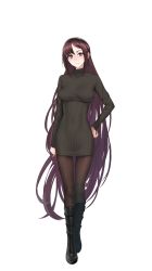 Rule 34 | 1girl, black footwear, black pantyhose, black sweater, breasts, brown eyes, brown hair, closed mouth, dress, fate/empire of dirt, fate/grand order, fate (series), floating hair, full body, game cg, hand on own hip, highres, long hair, looking at viewer, medium breasts, panties, pantyhose, pantyshot, ribbed sweater, smile, solo, straight hair, sweater, sweater dress, tachi-e, thigh gap, transparent background, tsuki tokage, underwear, very long hair, yu mei-ren (fate)