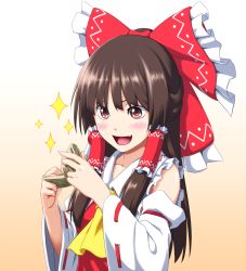 Rule 34 | 1girl, blush, bow, brown eyes, brown hair, detached sleeves, fang, female focus, gradient background, hair bow, hakurei reimu, imperishable night, japanese clothes, kentairui, large bow, long hair, miko, money, open mouth, smile, solo, sparkle, touhou, upper body