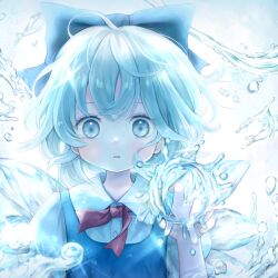 Rule 34 | 1girl, album cover, blue bow, blue dress, blue eyes, blue hair, blush, bow, buttons, cirno, collared shirt, cover, dress, fairy, hair bow, highres, hydrokinesis, ice, ice wings, open mouth, pinafore dress, sasami (shiroi fuwafuwa), shirt, short hair, short sleeves, sleeveless, sleeveless dress, solo, touhou, upper body, water, white shirt, wings
