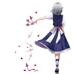 1girl bad_id bad_pixiv_id chirigami-san female_focus from_behind izayoi_sakuya knife maid maid_headdress outstretched_arm petals rose_petals short_hair silver_hair simple_background solo standing throwing_knife touhou weapon