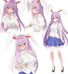 Rule 34 | 1girl, 1other, animal ears, atory, black footwear, blue skirt, blush, breast poke, breasts, closed mouth, collared shirt, grabbing, grabbing another&#039;s breast, groin, large breasts, long hair, navel, pleated skirt, poking, purple hair, rabbit ears, rabbit girl, red eyes, reisen udongein inaba, shirt, short sleeves, simple background, skirt, solo focus, touhou, white background, white shirt