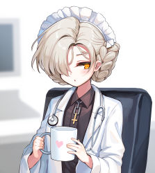 Rule 34 | 1girl, azur lane, black shirt, blurry, blurry background, braid, brown hair, chain, chair, collared shirt, commentary request, cross, cup, depth of field, dress shirt, hair over one eye, heart, highres, holding, holding cup, kiyosato 0928, lab coat, latin cross, long sleeves, maid headdress, monitor, mug, on chair, open clothes, orange eyes, sheffield (azur lane), shirt, short hair, sitting, solo, stethoscope, upper body, wide sleeves