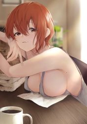Rule 34 | 1girl, absurdres, akito (d30n26), bare shoulders, blurry, blurry background, blush, breasts, brown eyes, coffee, coffee mug, commentary request, cup, depth of field, hair between eyes, highres, indoors, large breasts, leaning forward, mole, mug, nagi (akito), original, parted lips, red hair, short hair, sleeveless, smile, solo, table, tank top, towel, upper body, wooden table