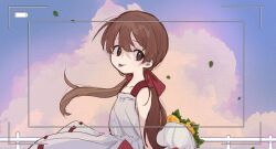 Rule 34 | 1girl, arms behind back, battery indicator, black eyes, blue sky, bouquet, bow, brown hair, closed mouth, cloud, collarbone, commentary request, day, dress, falling leaves, floating hair, flower, from side, hair bow, highres, holding, holding bouquet, hrdrifter, leaf, long hair, looking at viewer, looking to the side, low twintails, makitsuki, multiple hair bows, outdoors, raised eyebrows, red bow, sky, sleeveless, sleeveless dress, smile, solo, spaghetti strap, sundress, tongue, tongue out, twintails, upper body, viewfinder, white dress, wind, wind lift, yellow flower, yume tagai