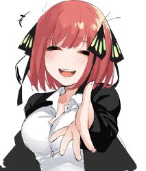Rule 34 | 1girl, :d, ^ ^, black cardigan, black ribbon, blunt bangs, blush, breasts, butterfly hair ornament, cardigan, cleavage, closed eyes, dress shirt, facing viewer, go-toubun no hanayome, hair between eyes, hair ornament, hair ribbon, hand up, happy, highres, large breasts, long sleeves, mame1645, medium hair, nakano nino, open cardigan, open clothes, open mouth, reaching, reaching towards viewer, red hair, ribbon, round teeth, shirt, simple background, smile, solo, straight hair, teeth, two side up, upper body, upper teeth only, white background, white shirt