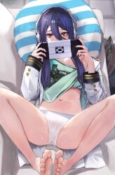 Rule 34 | 1girl, absurdres, alternate eye color, barefoot, black nails, blush, chips (food), coat, couch, covering own mouth, exia (nikke), feet, fingernails, food, full body, game controller print, goddess of victory: nikke, gold trim, green shirt, hair between eyes, handheld game console, headphones, highres, holding, holding handheld game console, knees apart feet together, legs, long hair, long hair between eyes, looking at viewer, lukapia, lying, midriff, nail polish, navel, off shoulder, on back, on couch, open clothes, open coat, panties, potato chips, purple hair, red eyes, sexually suggestive, shirt, sidelocks, solo, spread legs, sweatdrop, thighs, toes, underwear, white coat, white panties
