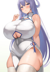 Rule 34 | 1girl, :o, absurdres, arm behind back, azur lane, blush, breasts, cleavage, dress, hair between eyes, highres, huge breasts, long hair, looking at viewer, neneneji, open mouth, purple eyes, purple hair, rodney (azur lane), simple background, solo, standing, taut clothes, taut dress, thick thighs, thighhighs, thighs, very long hair, white background, white dress, white thighhighs
