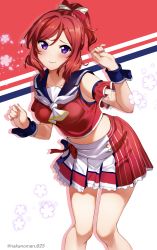 Rule 34 | 1girl, absurdres, bare legs, blue sailor collar, blush, bow, braid, breasts, closed mouth, crop top, detached sleeves, feet out of frame, flower, hair bow, hand up, highres, leaning forward, lipstick, looking at viewer, love live!, love live! school idol project, makeup, medium breasts, miniskirt, multicolored background, multicolored clothes, multicolored skirt, nakano maru, neckerchief, nishikino maki, parted bangs, pleated skirt, purple eyes, red hair, red shirt, sailor collar, shirt, short hair, short ponytail, short sleeves, skirt, smile, solo, standing, white neckerchief, wrist cuffs, yellow bow