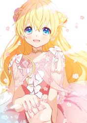 Rule 34 | 1boy, 1girl, :d, blonde hair, blue eyes, collarbone, copyright request, double bun, dress, flower, hair between eyes, hair bun, hair flower, hair ornament, highres, long hair, looking at viewer, open mouth, pink dress, pink flower, pk (mukasihasakana), see-through, simple background, smile, solo focus, very long hair, white background, white flower