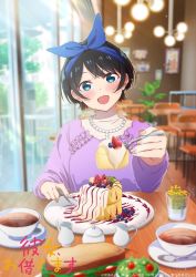 Rule 34 | 1girl, black hair, blue eyes, blush, breasts, cafe, cake, chair, cup, dating, dessert, drawing (object), food, fork, hair between eyes, hair ribbon, jewelry, kanojo okarishimasu, looking at viewer, necklace, official art, open mouth, pearl necklace, plant, ribbon, sandwich, sarashina ruka, smile, table, tea