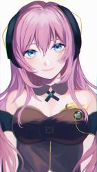 Rule 34 | 1girl, absurdres, arm strap, black ribbon, blue eyes, breasts, cleavage, closed mouth, collarbone, commentary, detached collar, floating hair, hair between eyes, hair ornament, highres, long hair, looking at viewer, medium breasts, megurine luka, megurine luka (vocaloid4), neck ribbon, p2 (uxjzz), pink hair, ribbon, simple background, smile, solo, strapless, upper body, v4x, vocaloid, white background