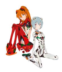 Rule 34 | 2girls, alternate costume, arched back, ayanami rei, blue eyes, blue hair, bodysuit, expressionless, hair between eyes, hair ornament, interface headset, legs together, legs up, long hair, looking at viewer, multiple girls, nangcha, neon genesis evangelion, open mouth, orange hair, pigeon-toed, plugsuit, red eyes, short hair, simple background, sitting, skinny, souryuu asuka langley, two side up, wariza, white background