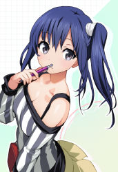 Rule 34 | 10s, 1girl, bare shoulders, blue hair, breasts, cleavage, collarbone, detached sleeves, grid, imai midori, long hair, looking at viewer, onono imoko, outline, pen, purple eyes, shirobako, shirt, side ponytail, skirt, solo, striped clothes, striped shirt, vertical-striped clothes, vertical-striped shirt