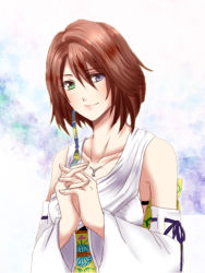 Rule 34 | 00s, 1girl, blue eyes, brown hair, detached sleeves, final fantasy, final fantasy x, green eyes, heterochromia, japanese clothes, jewelry, necklace, short hair, solo, spirasen, staff, weapon, yuna, yuna (ff10)
