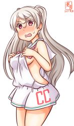 Rule 34 | 1girl, artist logo, breasts, brown eyes, clothes writing, commentary request, conte di cavour (kancolle), cosplay, cowboy shot, dated, dress, highres, kanon (kurogane knights), kantai collection, libeccio (kancolle), libeccio (kancolle) (cosplay), long hair, looking at viewer, low-cut armhole, medium breasts, sailor collar, sailor dress, side-tie dress, sideboob, silver hair, simple background, sleeveless, sleeveless dress, solo, two side up, white background, white dress, white sailor collar