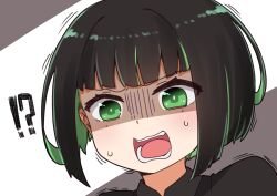 Rule 34 | !?, 1girl, allmind (armored core 6), armored core, armored core 6, black hair, black jacket, chibi, collared shirt, green eyes, green hair, grey background, grey shirt, highres, i.u.y, jacket, looking at viewer, multicolored hair, open mouth, personification, portrait, shirt, short hair, solo, sweat, trembling, turn pale, two-tone background, two-tone hair, white background