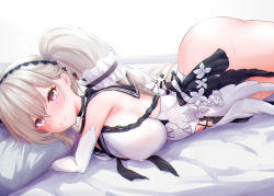 Rule 34 | 1girl, ass, azur lane, bad id, bad pixiv id, bare shoulders, black choker, black neckwear, black sailor collar, bow, breasts, choker, clothing cutout, dress, dress bow, feather dress, formidable (azur lane), formidable (timeless classics) (azur lane), large breasts, long hair, looking at viewer, lying, navel cutout, nukuiru susu, official alternate costume, on bed, on stomach, platinum blonde hair, red eyes, sailor collar, sideboob, sleeveless, sleeveless dress, solo, twintails, two-tone dress, two-tone ribbon, very long hair, white dress