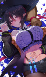 Rule 34 | 1girl, absurdres, amahara subaru, bare shoulders, belt, black hair, black hat, black jacket, black shorts, breasts, broom, brown pantyhose, chest harness, cowboy shot, crop top, frilled shirt, frills, hair between eyes, hand on own stomach, hand up, harness, hat, highres, indie virtual youtuber, isonade orca, jacket, large breasts, long sleeves, looking at viewer, micro shorts, midriff, multicolored hair, nail polish, navel, off shoulder, open clothes, open jacket, pantyhose, parted lips, pointy ears, red eyes, shirt, short hair, short shorts, shorts, sidelocks, sleeveless, sleeveless shirt, solo, stomach, streaked hair, test tube, virtual youtuber, white shirt, witch hat