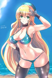 Rule 34 | 10s, 1girl, atago (kancolle), beret, bikini, blonde hair, breasts, cleavage, curvy, gloves, green eyes, hat, highres, kantai collection, large breasts, long hair, looking at viewer, moriya, navel, smile, solo, swimsuit, thighhighs, thighs, twitter username, wide hips