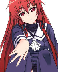 Rule 34 | 00s, 1girl, :o, ascot, black thighhighs, expressionless, hand on own knee, himuro akari, kurosho, long sleeves, looking at viewer, night wizard, parted lips, red eyes, red hair, sailor collar, school uniform, serafuku, simple background, sitting, solo, thighhighs, white background