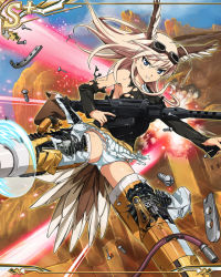 Rule 34 | 1girl, ahoge, animal ears, bird tail, blonde hair, blue eyes, breasts, card (medium), damaged, explosion, gluteal fold, gun, hanna-justina marseille, head wings, laser, machine gun, official art, panties, pantyshot, screw, skirt, solo, strike witches, striker unit, tail, torn clothes, torn panties, underwear, upskirt, weapon, white panties, wings, world witches series