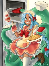 Rule 34 | 1girl, ankle boots, apron, aqua hair, ashley ann swaby, boots, bow, braid, breasts, chef hat, dark skin, food, frills, green eyes, grin, hair bow, hat, highres, ketchup, long hair, maid, maid apron, maid headdress, omelet, omurice, original, oven, oven mitts, parfait, sailor collar, schoolgirls love tentacles, single braid, small breasts, smile, solo focus, tentacles, thighhighs, waitress, white thighhighs, zettai ryouiki