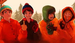 Rule 34 | 4boys, ^ ^, beanie, blonde hair, brown hair, closed eyes, commentary, day, english commentary, eric cartman, closed eyes, facing viewer, hat, highres, kenny mccormick, kyle broflovski, laughing, looking at another, looking at viewer, male focus, middle finger, multiple boys, ok sign, outdoors, penetration gesture, pine tree, south park, stan marsh, tree, tuooneo, upper body, winter clothes