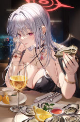Rule 34 | 1girl, absurdres, alcohol, alternate costume, black choker, blue archive, blush, bracelet, breasts, choker, cleavage, closed mouth, cup, doodle sensei (blue archive), drinking glass, food, fork, fruit, grey hair, halo, haruna (blue archive), highres, jewelry, knife, large breasts, lemon, lemon slice, long hair, looking at viewer, oyster, purple eyes, sensei (blue archive), smile, solo, white wine, whoisshe, wine, wine glass