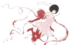 Rule 34 | 1girl, alien, bare shoulders, black hair, blunt bangs, bob cut, dress, elbow gloves, frilled dress, frills, gauna, gauna 491, gloves, light smile, looking at viewer, md5 mismatch, monster girl, pantyhose, pink dress, placenta (sidonia no kishi), red eyes, red gloves, red pantyhose, resized, short hair, sidonia no kishi, signature, solo, sugina miki, tentacles, torn clothes, torn pantyhose, white background