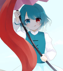 Rule 34 | 1girl, blue background, blue dress, blue eyes, blue hair, blush, commentary request, dress, eyes visible through hair, hair between eyes, hands up, heterochromia, highres, light, long sleeves, looking at viewer, no headwear, red eyes, shadow, short hair, simple background, smile, solo, standing, tatara kogasa, tongue, tongue out, touhou, umbrella, umi (nana spring), white sleeves