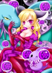 Rule 34 | 1girl, blonde hair, blush, breasts, cleavage, gloves, lilith (p&amp;d), looking at viewer, nyaw, pink eyes, pointy ears, puzzle &amp; dragons, smile, thighhighs
