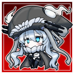 Rule 34 | 10s, 1girl, abyssal ship, aqua eyes, blush, bodysuit, cane, cannon, cape, chibi, eruru (erl), gloves, glowing, glowing eyes, hat, highres, kantai collection, long hair, pale skin, red background, silver hair, solo, standing, teeth, weapon, wo-class aircraft carrier