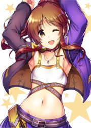 Rule 34 | 1girl, ;d, arms up, belt, black choker, breasts, brown hair, choker, collarbone, highres, idolmaster, idolmaster cinderella girls, jacket, jewelry, looking at viewer, ment, navel, necklace, one eye closed, open clothes, open jacket, open mouth, short hair, small breasts, smile, solo, star (symbol), starry background, takamori aiko, white background, yellow eyes