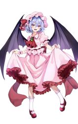 Rule 34 | 1girl, :d, ascot, bat wings, blue hair, blush, brooch, dress, flat chest, frilled shirt collar, frills, full body, hair between eyes, happy, hat, highres, hyurasan, jewelry, lifted by self, mary janes, mob cap, open mouth, pigeon-toed, pink dress, pink eyes, remilia scarlet, shoes, short hair, simple background, smile, solo, teeth, tongue, touhou, white background, wings, wrist cuffs