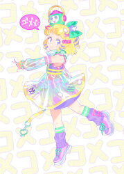 Rule 34 | 1girl, belt, blonde hair, bow, bracelet, closed mouth, commentary request, detached sleeves, full body, green bow, hair bow, high collar, highres, idol time pripara, jewelry, layered skirt, leg warmers, looking at viewer, outstretched arm, pink footwear, pretty series, pripara, purple eyes, purple shirt, rice cooker, see-through, see-through skirt, see-through sleeves, shirt, shoes, short hair, skirt, smile, sneakers, solo, soosaresu, speech bubble, standing, standing on one leg, takki (pripara), text background, translation request, two side up, yumekawa yui