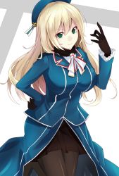 Rule 34 | &gt;:), 10s, 1girl, aosaki yukina, atago (kancolle), bad id, bad twitter id, beret, black gloves, black pantyhose, black skirt, blonde hair, breasts, cowboy shot, frilled sleeves, frills, gloves, green eyes, hand on own hip, hat, kantai collection, large breasts, leaning forward, long hair, looking at viewer, military, military uniform, pantyhose, skirt, smile, solo, uniform, v-shaped eyebrows, white background