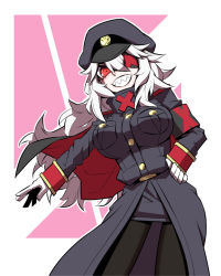Rule 34 | 1girl, black general, black pantyhose, breasts, cape, contrapposto, eyepatch, flag, gloves, grin, hat, highres, jin (mugenjin), large breasts, long hair, long sleeves, looking at viewer, original, pantyhose, red eyes, salute, silver hair, smile, standing, straight-arm salute, white gloves, zannen onna-kanbu black general-san