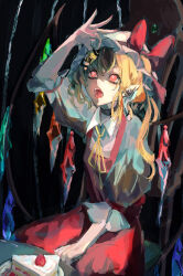 1girl absurdres between_legs black_background black_choker blonde_hair blood blood_from_mouth bow cake character_doll choker collared_shirt crystal_wings fang flandre_scarlet food fruit hand_between_legs hat hat_bow heart heart-shaped_pupils highres kirisame_marisa mashi_(pixiv_zcjd2538) mob_cap on_chair open_mouth plate pointy_ears puffy_short_sleeves puffy_sleeves red_eyes red_skirt red_vest ribbon shirt short_sleeves sitting skirt solo strawberry strawberry_shortcake symbol-shaped_pupils teeth touhou vest white_hat wing_collar wings yellow_ribbon