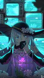 Rule 34 | blue hair, blue theme, bug, butterfly, covering own mouth, glowing, glowing butterfly, hand over own mouth, highres, insect, insect cage, iris, kiekoio, project sekai, television, yoisaki kanade