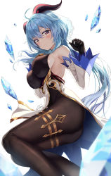 Rule 34 | 1girl, ahoge, armpits, ass, bare shoulders, black gloves, black leotard, blue hair, breasts, brown pantyhose, caba (caba091), detached sleeves, ganyu (genshin impact), genshin impact, gloves, goat horns, gold trim, hands up, highres, horns, ice, large breasts, leotard, long hair, long sleeves, looking at viewer, low ponytail, pantyhose, pelvic curtain, red eyes, sideboob, simple background, solo, thighlet, waist cape, white background