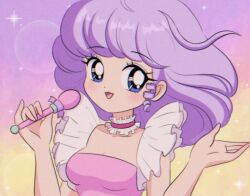 Rule 34 | 1990s (style), 1girl, bishie sparkle, blue eyes, blush, breasts, bubble background, chellyko, choker, creamy mami, dress, highres, holding, long hair, looking at viewer, mahou no tenshi creamy mami, medium breasts, microphone, morisawa yuu, open mouth, pink dress, purple background, purple hair, retro artstyle, smile, sparkle, sparkle background, standing, two-tone background, upper body, yellow background