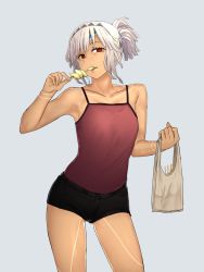 Rule 34 | 1girl, altera (fate), armpits, bag, bare shoulders, black shorts, breasts, cowboy shot, dark-skinned female, dark skin, eating, fate/grand order, fate (series), food, full-body tattoo, hand up, headband, holding, holding bag, holding food, i-pan, looking at viewer, ponytail, red eyes, red tank top, short hair, shorts, simple background, small breasts, solo, tank top, tattoo, white hair