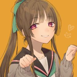 Rule 34 | 1girl, black sailor collar, brown hair, cardigan, chisumi, green neckerchief, grey cardigan, grin, hair ribbon, hands up, heart, highres, long hair, looking at viewer, neckerchief, original, paw pose, ponytail, red eyes, ribbon, sailor collar, simple background, smile, solo, yellow background, yellow ribbon